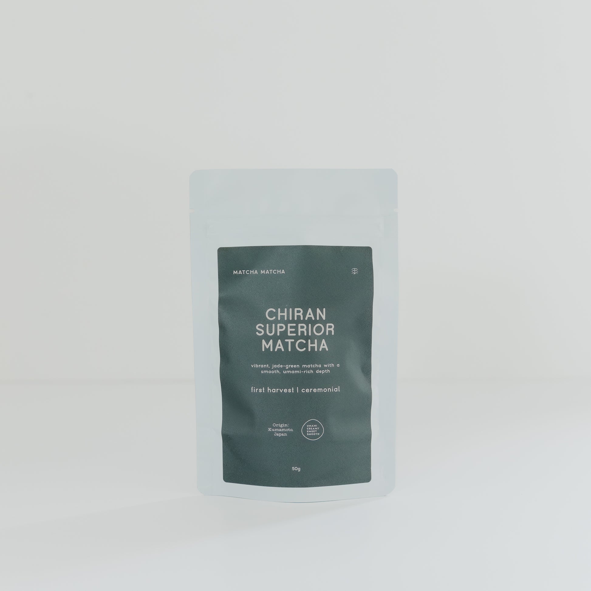 Green package of Chiran Superior Matcha on a light gray background